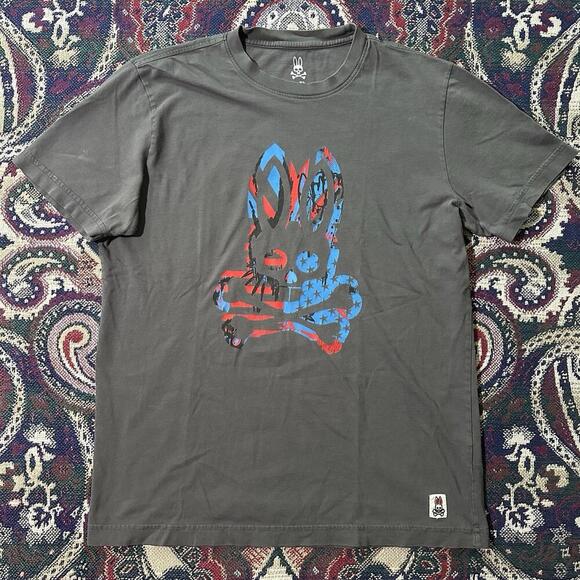 Psycho Bunny by Robert Godley Gray American Flag Color Logo T-Shirt Mens Size 4 - Picture 1 of 9